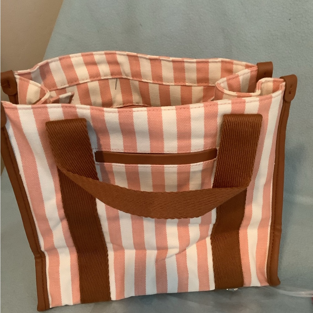 Thirty One Canvas Small Square Tote Coral Peach Stripe NWT